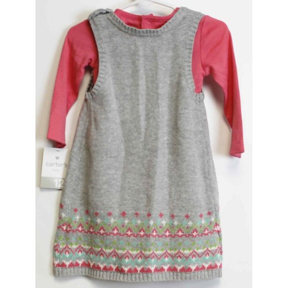 New Carters Baby Sweater Dress 12mths Grey Pink 2pc Nordic Pattern Long Sleeve - Picture 3 of 7